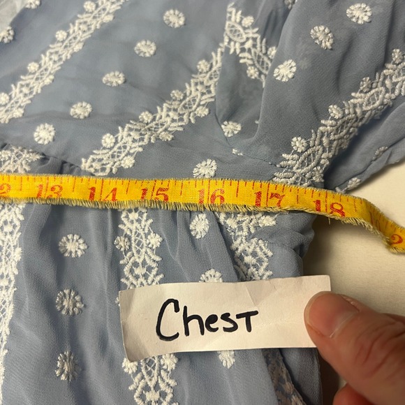 Orange Creek LA Embroidered Babydoll Prairie Blouse Cottagecore Blue White Sz Sm - Picture 7 of 11